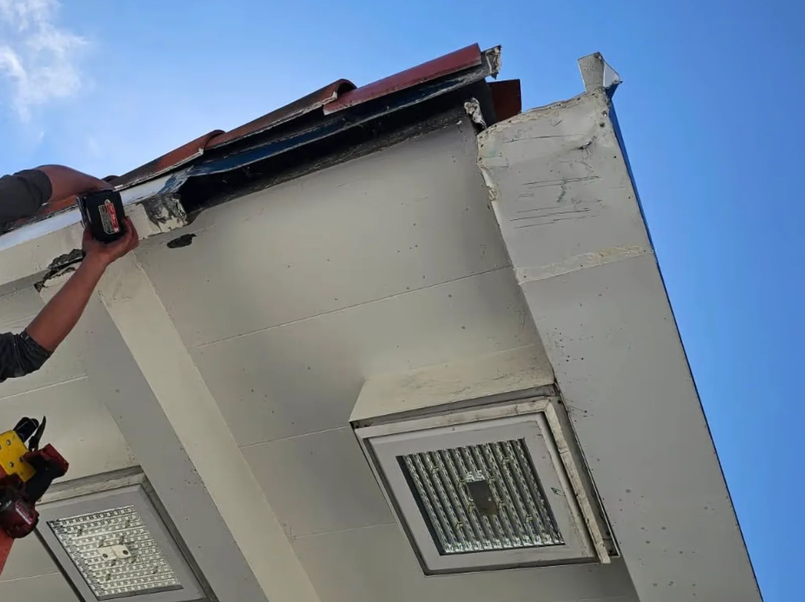 Damaged gas station canopy roof section in Sacramento